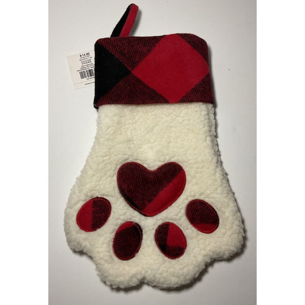 NWT 13" Pet's Christmas Stocking-Red/Blk Plaid, Eggshell Sherpa, Paw Print